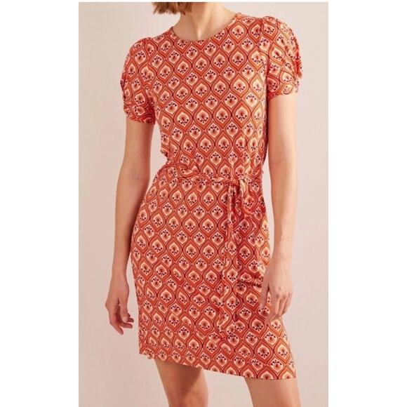 Boden Geometric Print Jersey Short Sleeve Dress Orange Stretch US Size 8L - Picture 1 of 8
